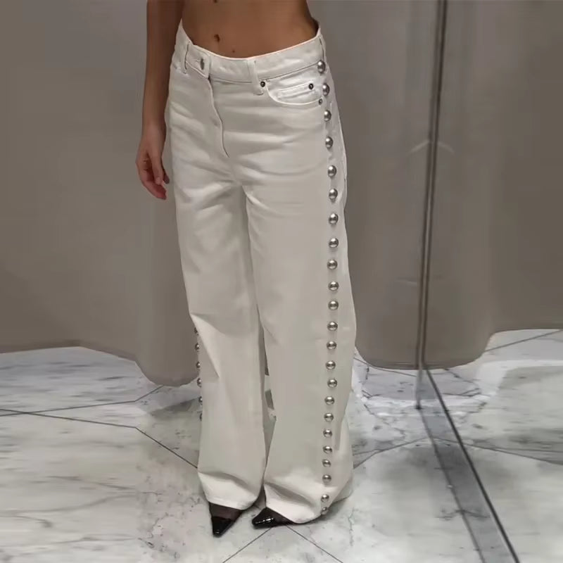 Pearl Low Waist Wide Leg Pocket Solid High Street Washed Denim Jean Mssza