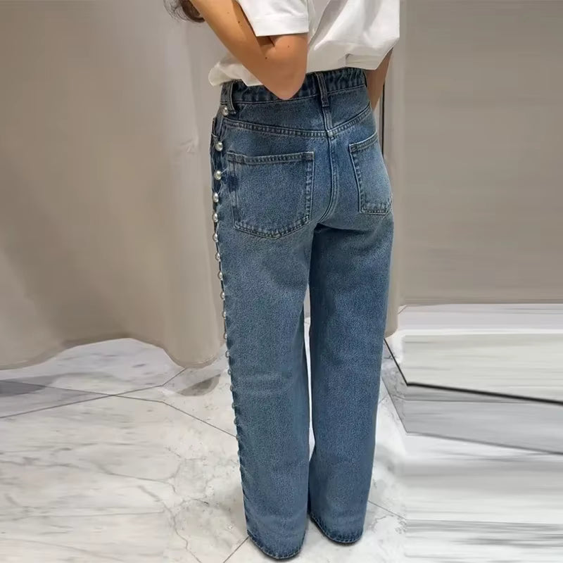 Pearl Low Waist Wide Leg Pocket Solid High Street Washed Denim Jean Mssza
