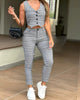 Casual Print V Neck Button Front Sleeveless Tank and Slim Fit Pants 2 Pieces Set Mssza