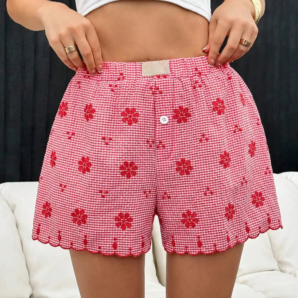 Plaid Button Front Ruffled Hem Casual Retro Beach Vacation Shorts Mssza