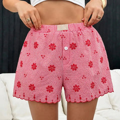 Plaid Button Front Ruffled Hem Casual Retro Beach Vacation Shorts Mssza