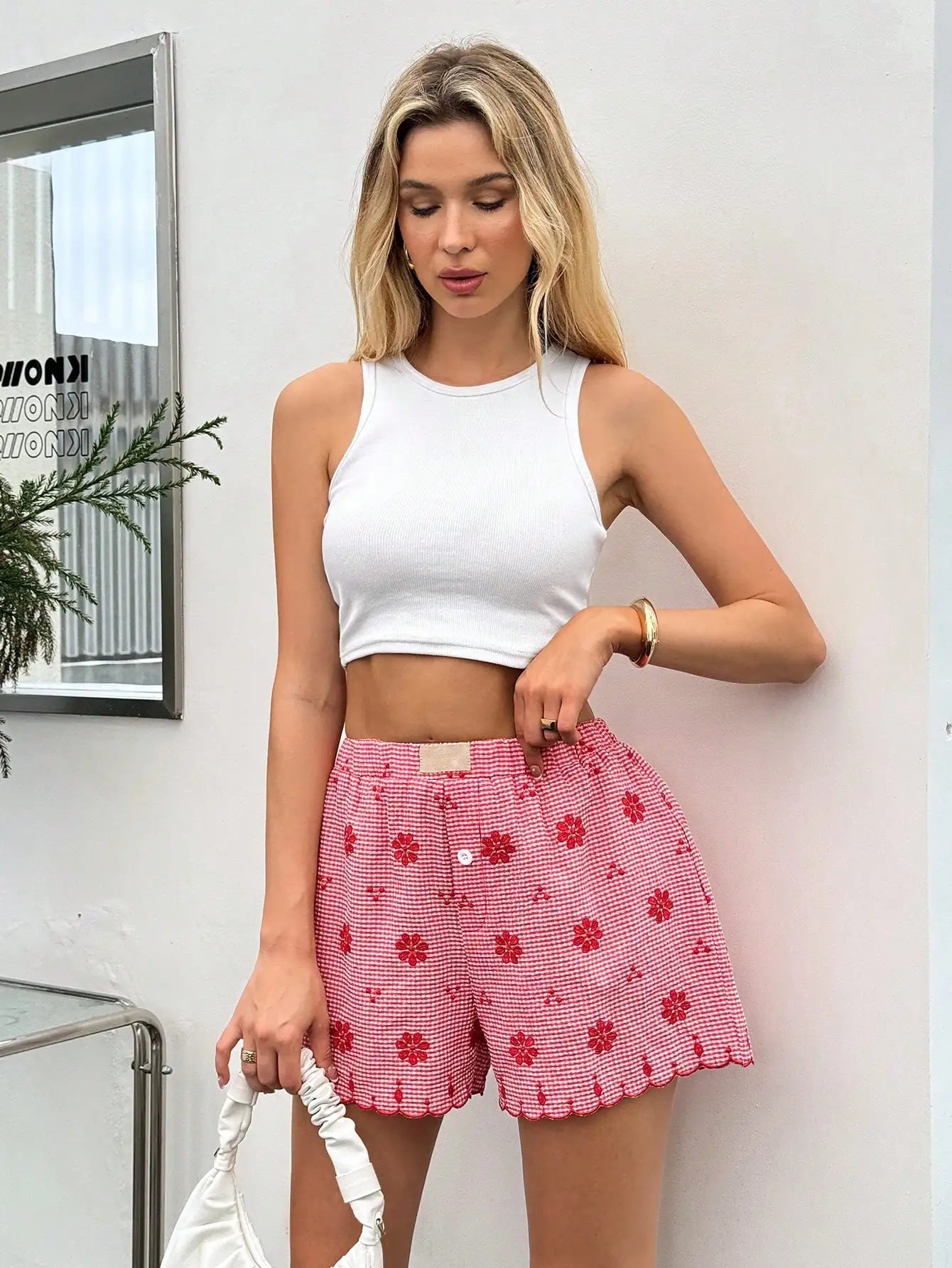 Plaid Button Front Ruffled Hem Casual Retro Beach Vacation Shorts Mssza