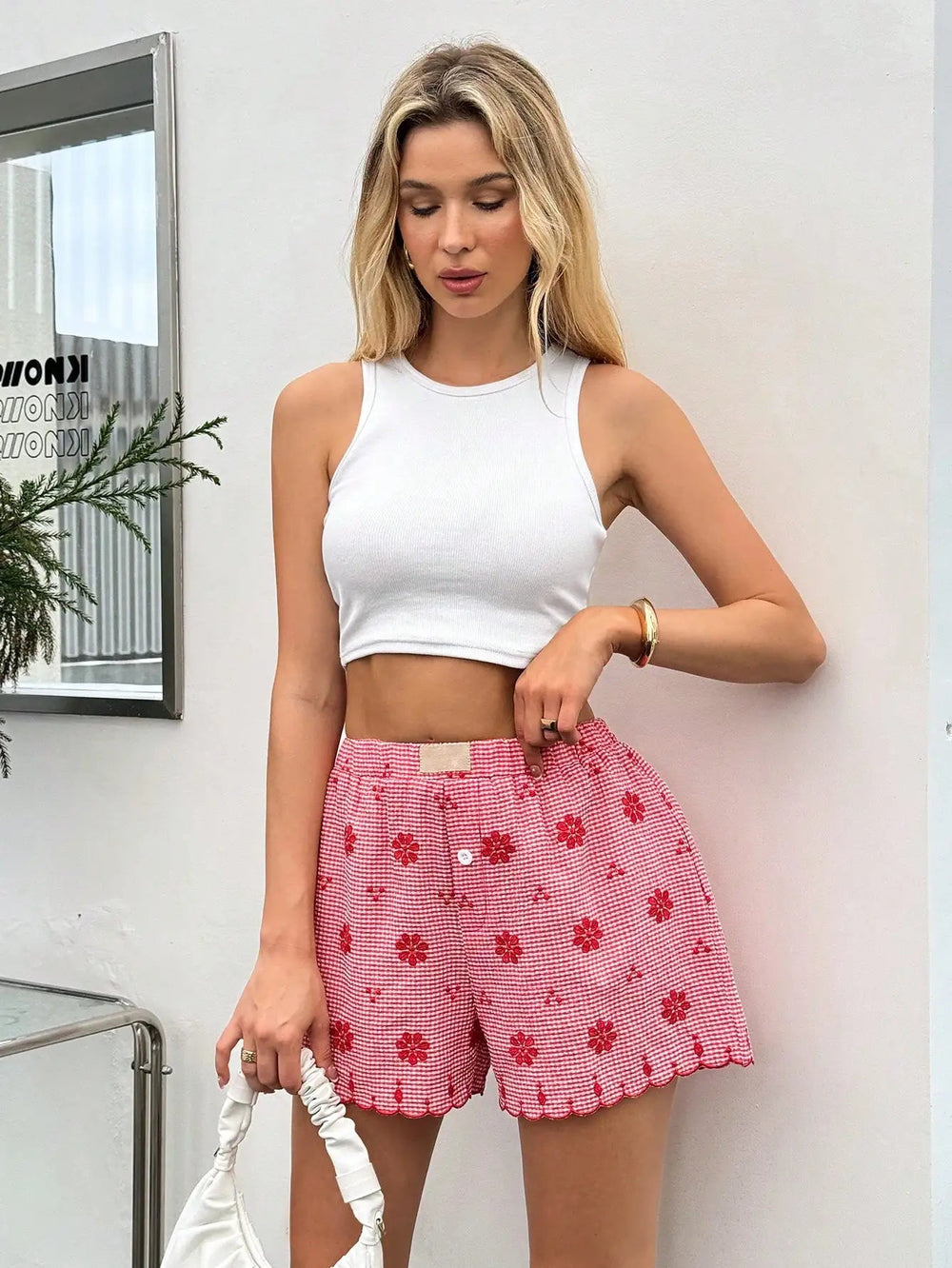 Plaid Button Front Ruffled Hem Casual Retro Beach Vacation Shorts Mssza