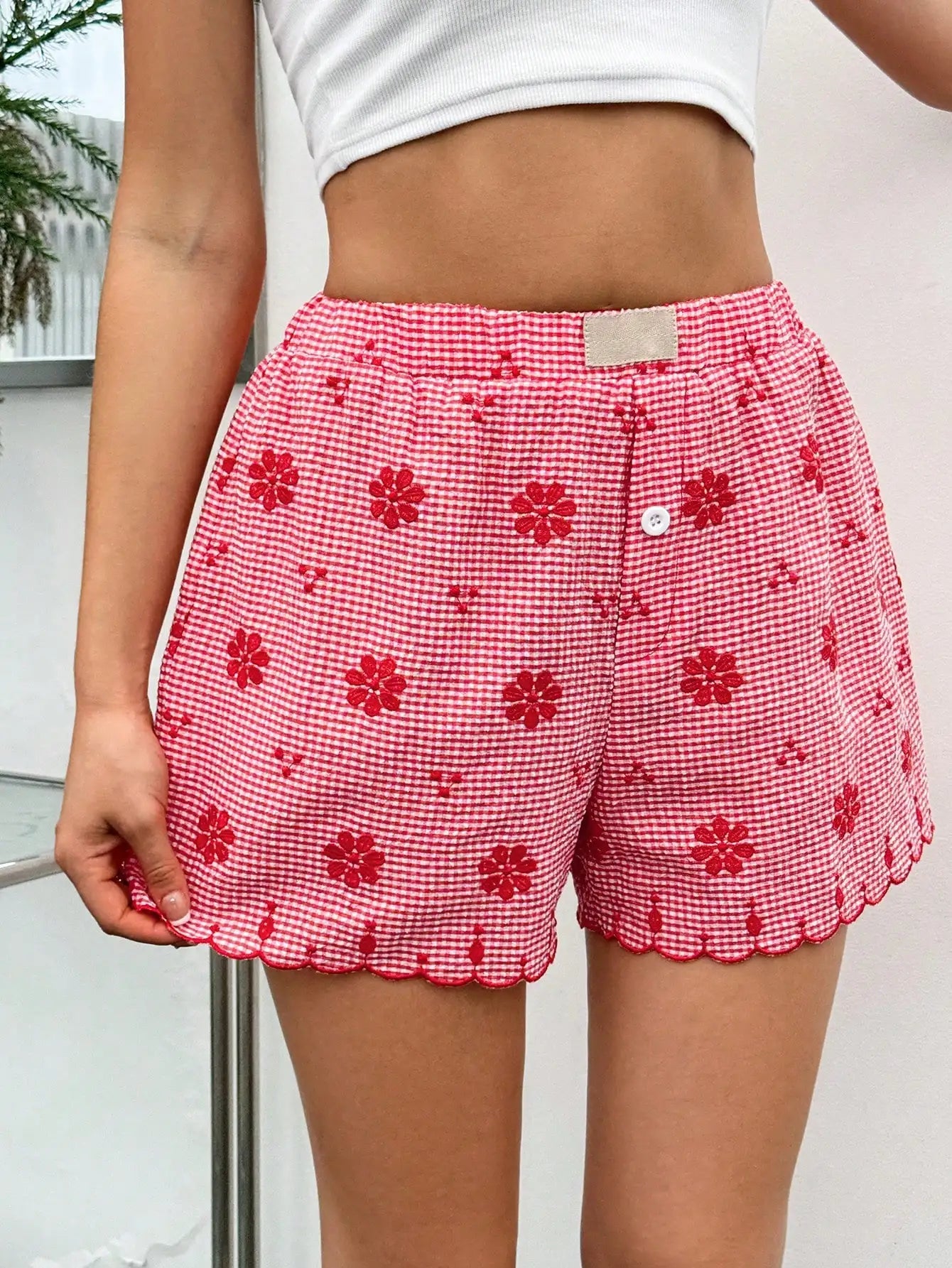 Plaid Button Front Ruffled Hem Casual Retro Beach Vacation Shorts Mssza