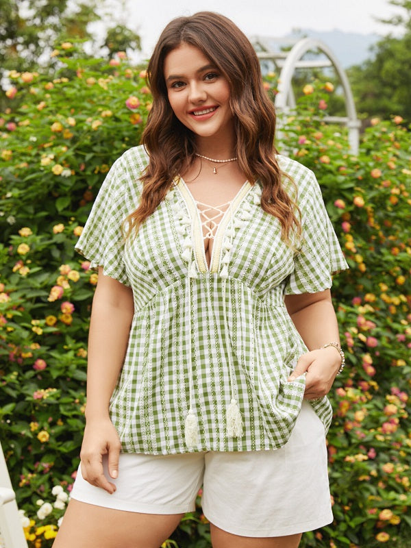 Plaid Lace-Up Splice Tassel Short Sleeve Blouse Mssza