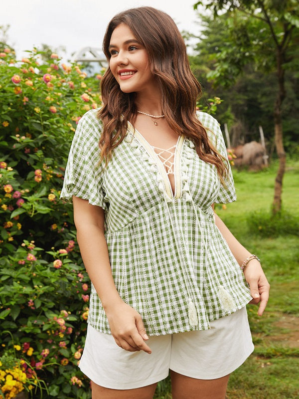 Plaid Lace-Up Splice Tassel Short Sleeve Blouse Mssza