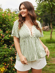 Plaid Lace-Up Splice Tassel Short Sleeve Blouse Mssza