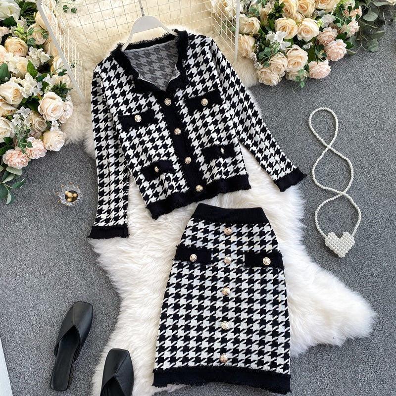 Plaid Long Sleeve Elastic High Waist Knitted Skirt Two Pieces Set Mssza