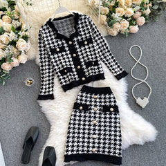 Plaid Long Sleeve Elastic High Waist Knitted Skirt Two Pieces Set Mssza