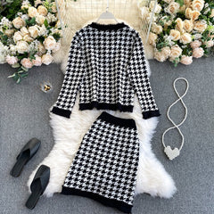 Plaid Long Sleeve Elastic High Waist Knitted Skirt Two Pieces Set Mssza