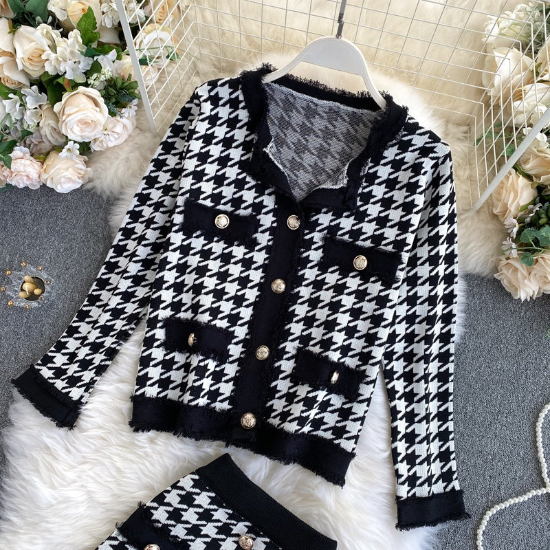 Plaid Long Sleeve Elastic High Waist Knitted Skirt Two Pieces Set Mssza