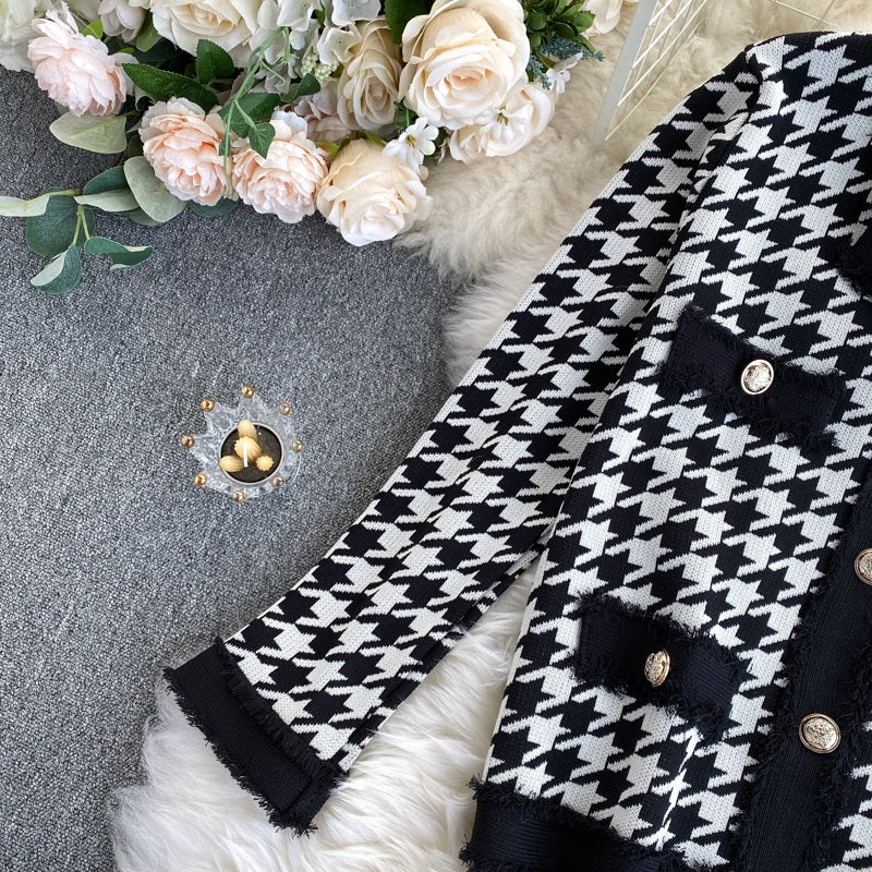 Plaid Long Sleeve Elastic High Waist Knitted Skirt Two Pieces Set Mssza