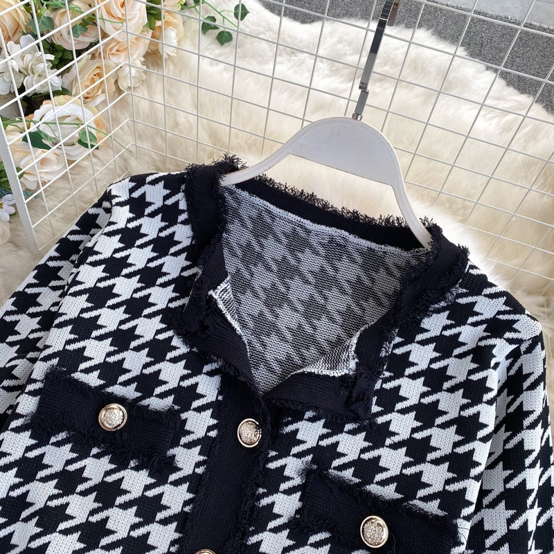 Plaid Long Sleeve Elastic High Waist Knitted Skirt Two Pieces Set Mssza