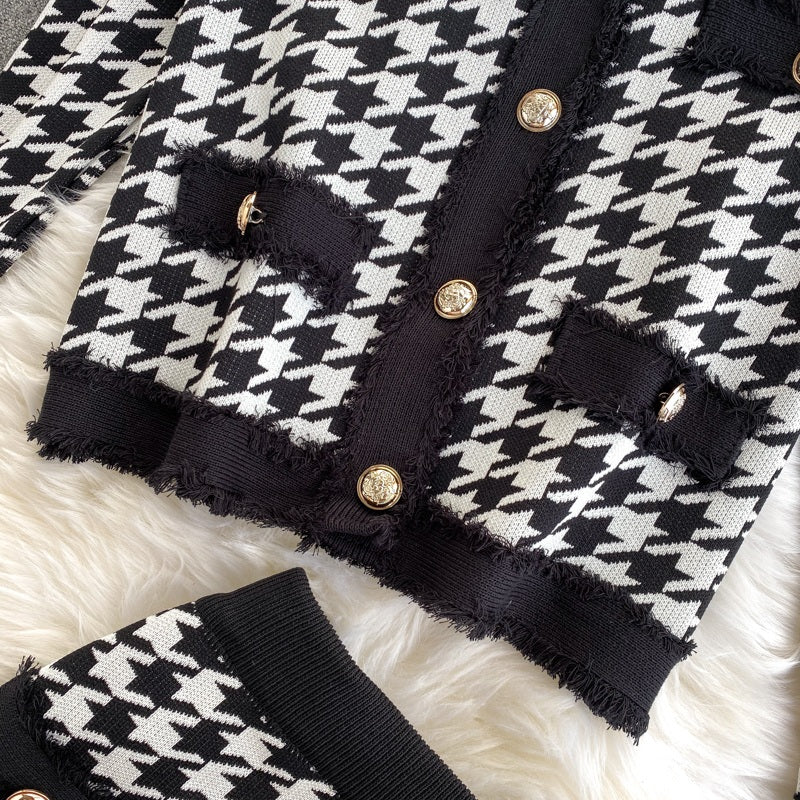 Plaid Long Sleeve Elastic High Waist Knitted Skirt Two Pieces Set Mssza