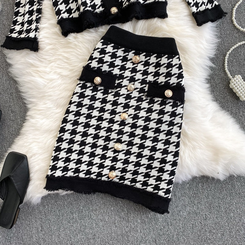 Plaid Long Sleeve Elastic High Waist Knitted Skirt Two Pieces Set Mssza