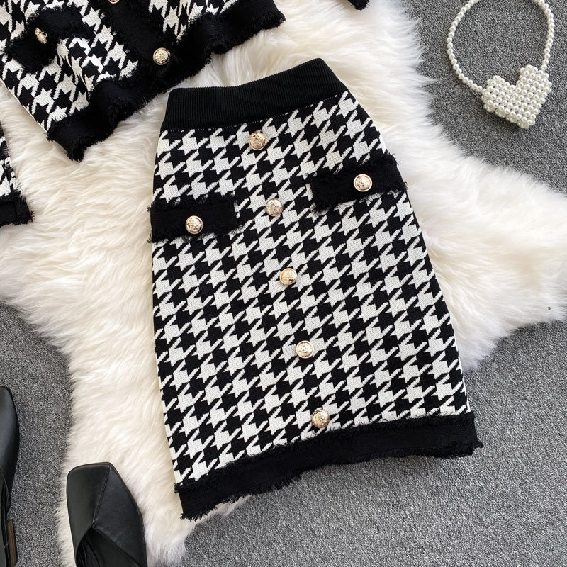 Plaid Long Sleeve Elastic High Waist Knitted Skirt Two Pieces Set Mssza