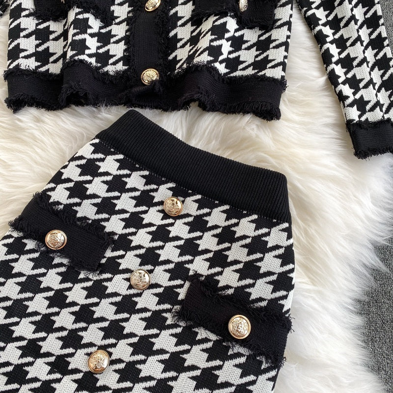 Plaid Long Sleeve Elastic High Waist Knitted Skirt Two Pieces Set Mssza