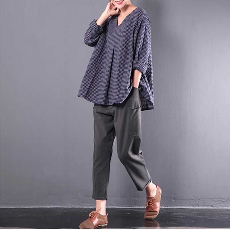 Plaid Shirts Long Sleeve Cotton Blouses Casual Tops Vintage V Neck Shirts Mssza