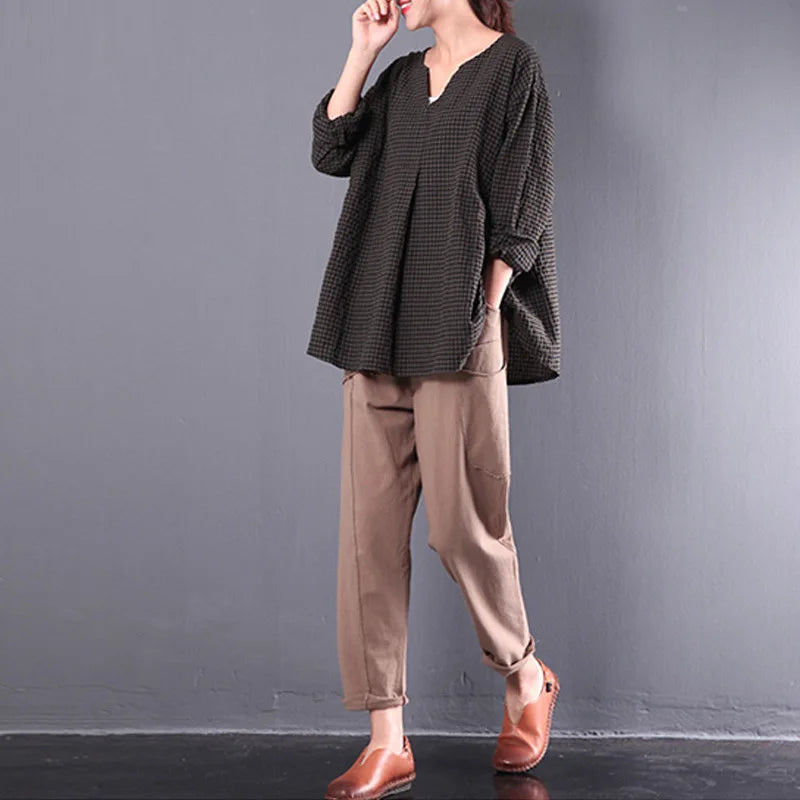 Plaid Shirts Long Sleeve Cotton Blouses Casual Tops Vintage V Neck Shirts Mssza