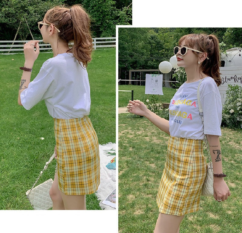 Plaid Short Style Lining High Waist Split A-Line Bag Hip Skirts Mssza