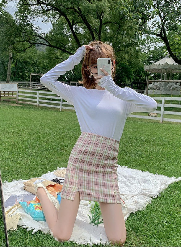 Plaid Short Style Lining High Waist Split A-Line Bag Hip Skirts Mssza