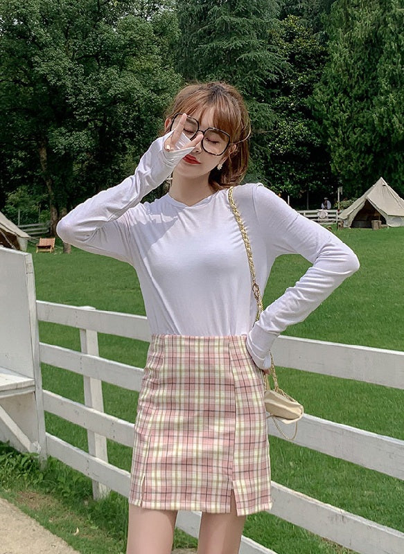 Plaid Short Style Lining High Waist Split A-Line Bag Hip Skirts Mssza