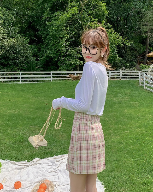 Plaid Short Style Lining High Waist Split A-Line Bag Hip Skirts Mssza