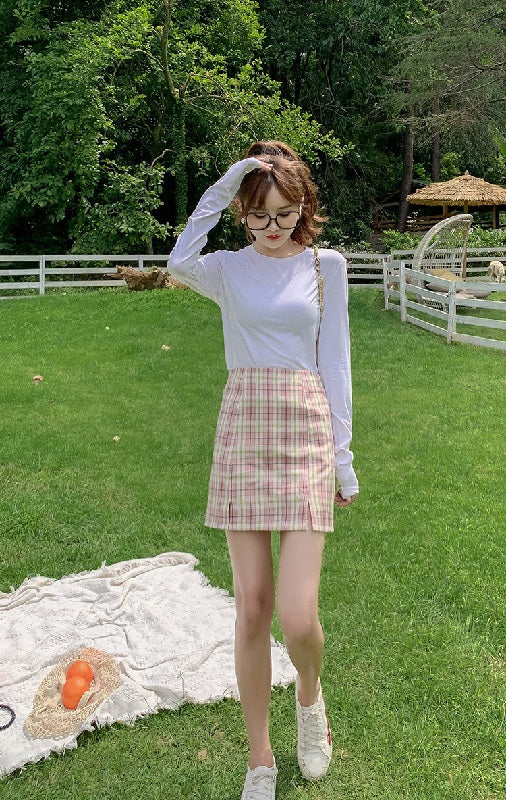 Plaid Short Style Lining High Waist Split A-Line Bag Hip Skirts Mssza