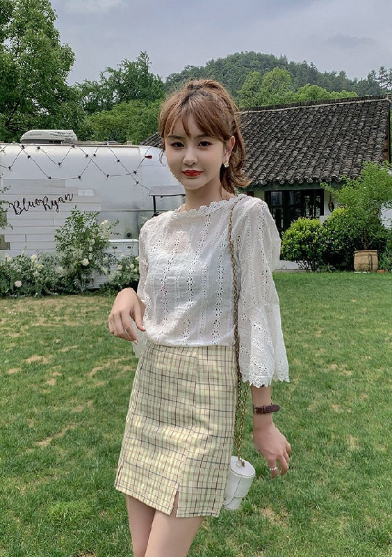 Plaid Short Style Lining High Waist Split A-Line Bag Hip Skirts Mssza