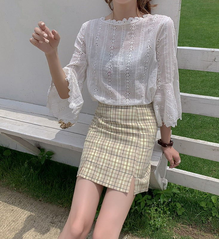 Plaid Short Style Lining High Waist Split A-Line Bag Hip Skirts Mssza