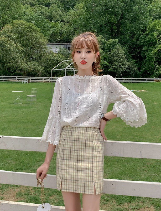 Plaid Short Style Lining High Waist Split A-Line Bag Hip Skirts Mssza