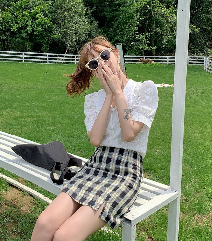 Plaid Short Style Lining High Waist Split A-Line Bag Hip Skirts Mssza