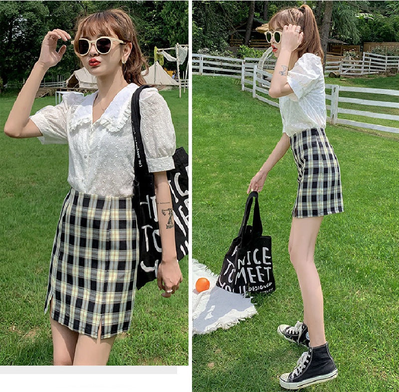 Plaid Short Style Lining High Waist Split A-Line Bag Hip Skirts Mssza