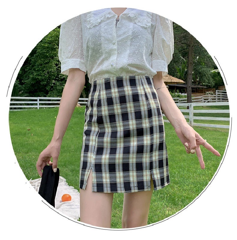 Plaid Short Style Lining High Waist Split A-Line Bag Hip Skirts Mssza