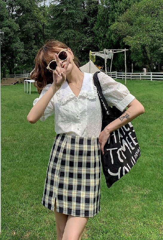 Plaid Short Style Lining High Waist Split A-Line Bag Hip Skirts Mssza