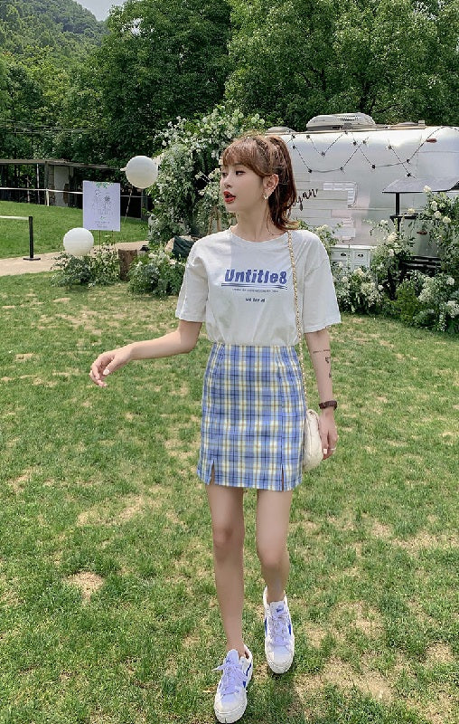 Plaid Short Style Lining High Waist Split A-Line Bag Hip Skirts Mssza