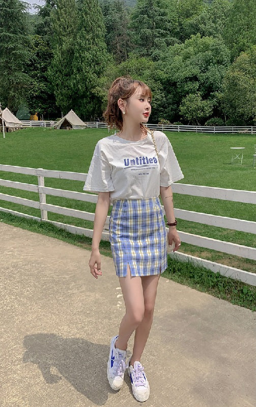 Plaid Short Style Lining High Waist Split A-Line Bag Hip Skirts Mssza