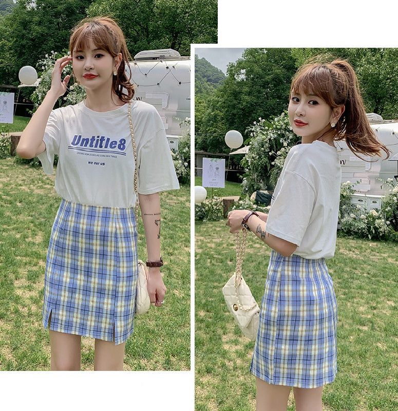 Plaid Short Style Lining High Waist Split A-Line Bag Hip Skirts Mssza