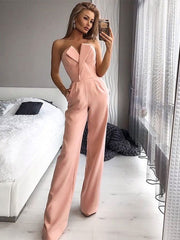 Playsuit Pink Bateau Neck Sleeveless Backless Strapless Polyester Straight Playsuit Mssza