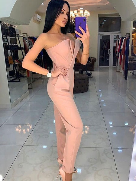 Playsuit Pink Bateau Neck Sleeveless Backless Strapless Polyester Straight Playsuit Mssza