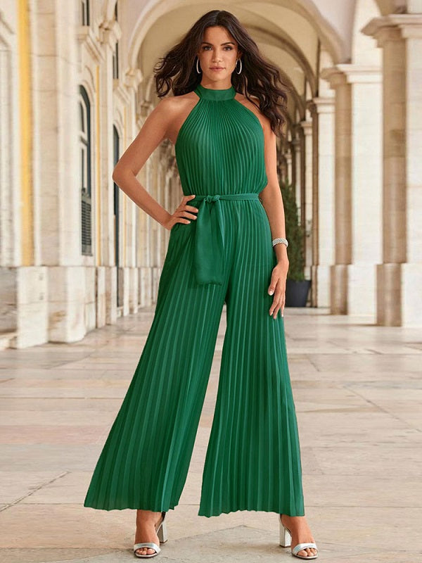 Pleated Backless Polyester Flared Playsuit Mssza