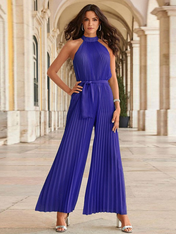 Pleated Backless Polyester Flared Playsuit Mssza