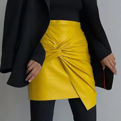 Pleated Bow Leather Solid Irregular A Line Zippers Streetwear Mini Skirts Mssza