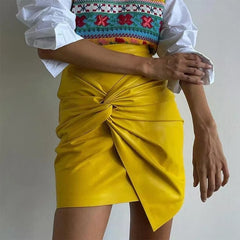 Pleated Bow Leather Solid Irregular A Line Zippers Streetwear Mini Skirts Mssza