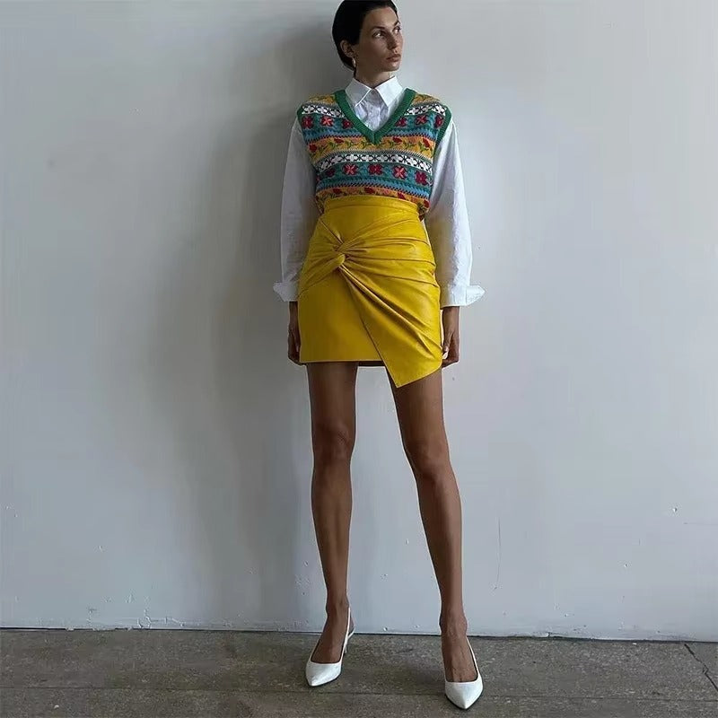 Pleated Bow Leather Solid Irregular A Line Zippers Streetwear Mini Skirts Mssza