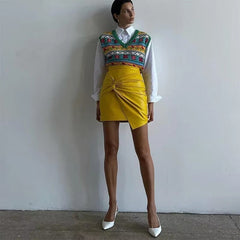 Pleated Bow Leather Solid Irregular A Line Zippers Streetwear Mini Skirts Mssza