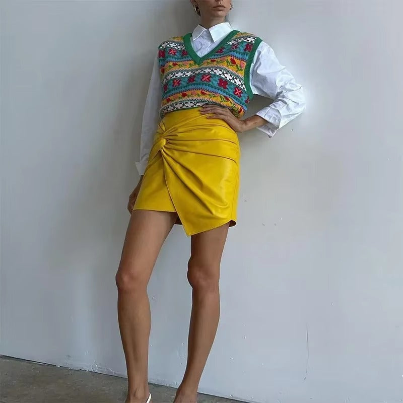 Pleated Bow Leather Solid Irregular A Line Zippers Streetwear Mini Skirts Mssza