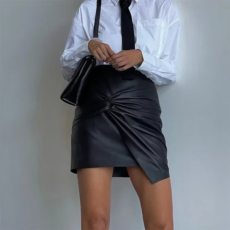 Pleated Bow Leather Solid Irregular A Line Zippers Streetwear Mini Skirts Mssza