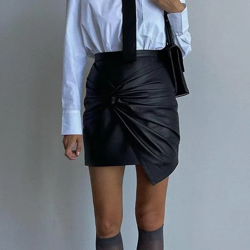 Pleated Bow Leather Solid Irregular A Line Zippers Streetwear Mini Skirts Mssza