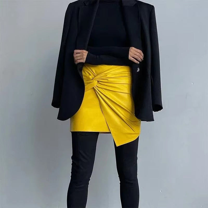 Pleated Bow Leather Solid Irregular A Line Zippers Streetwear Mini Skirts Mssza